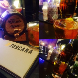 Bar Toscana's My Italian Sazerac [Canadian rye, peach bitters and amaro aged in an oak barrel for two weeks, rinsed with absinthe]